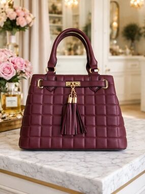 Burgundy Quilted Satchel Handbag Gold Hardware